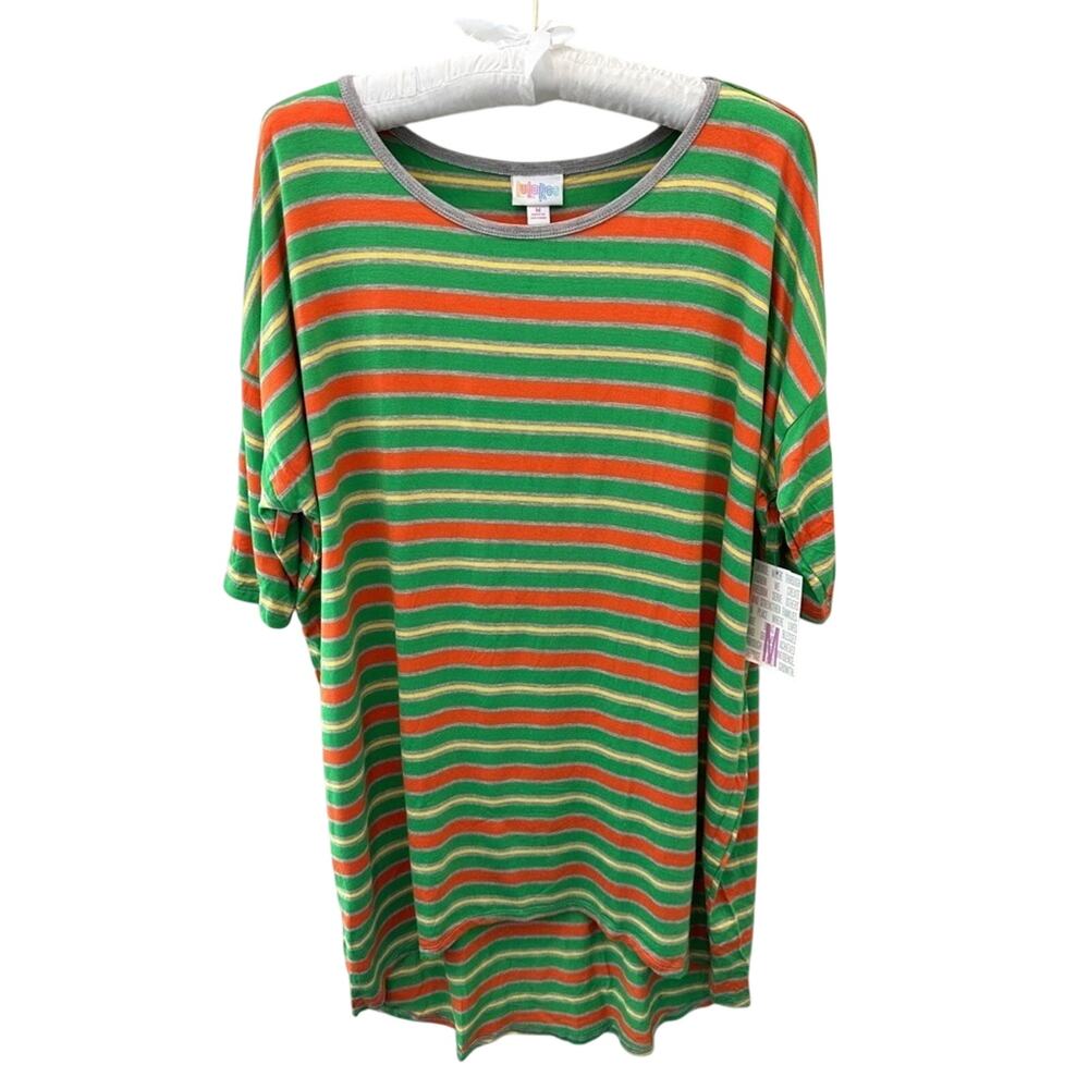 LULAROE Irma Green Orange Stripe Tunic Top High Low Stretch Tee NWT Medium